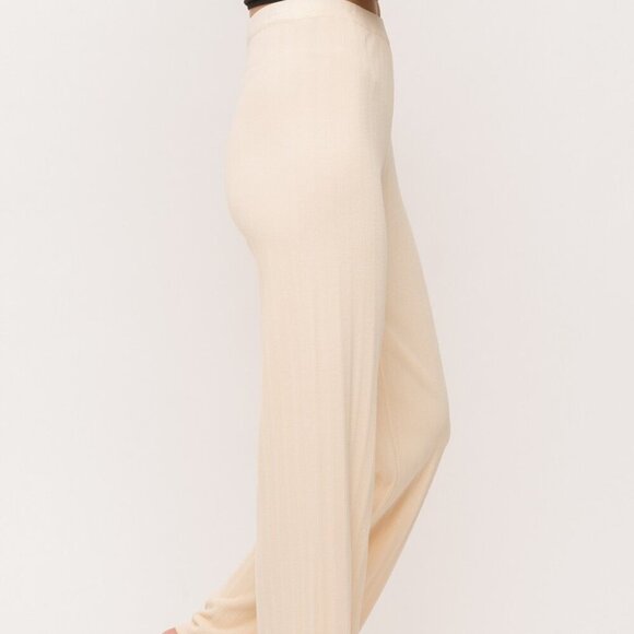 MYSTREE Cream Ribbed Knit Lounge Pants, Wide Leg, High Waist - Picture 4 of 5